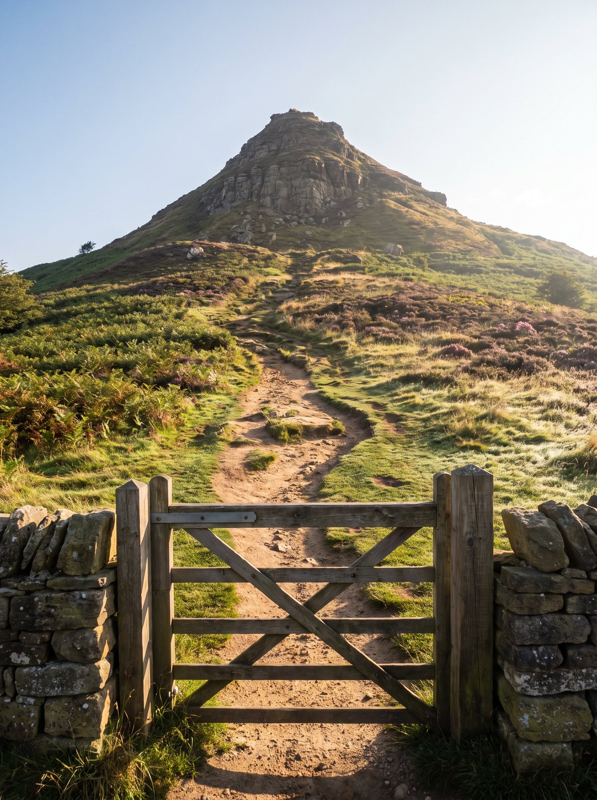 Looking up at Roseberry Topping from the gate at the bottom